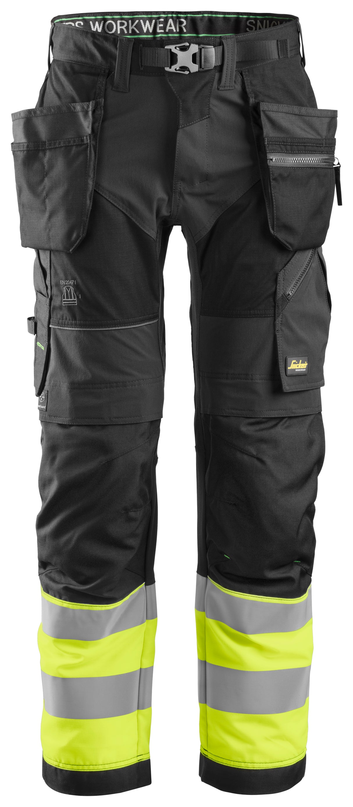 Snickers 6931 Flexiwork Hi-vis Work Trousers Holster pocket Class 1 Black\Hi-vis Yellow