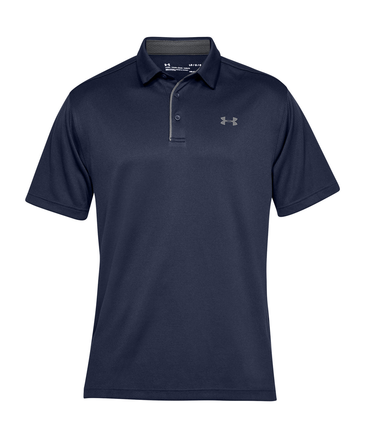 A black Under Armour tech polo shirt with a zipper at the neck.