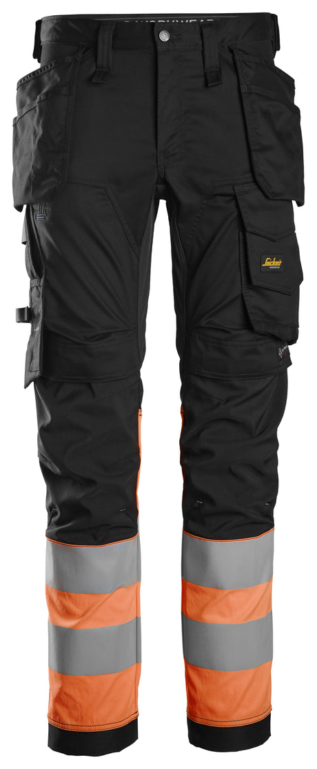 Snickers 6234 Hi-vis Class 1 Stretch Trousers Holster pocket Black/Orange - Regular / 30 (44)
