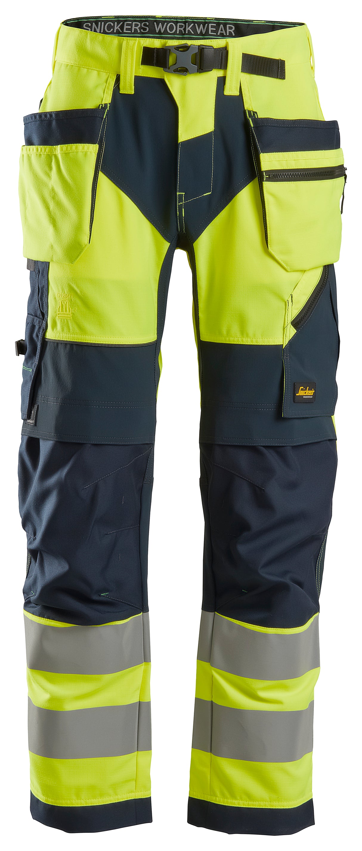 Snickers 6932 Flexiwork Hi-vis Work Trousers Holster pocket Class 2 Yellow - Navy