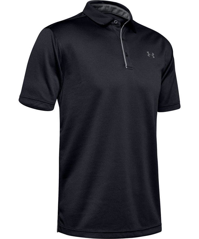 A black Under Armour tech polo shirt with a zipper at the neck.