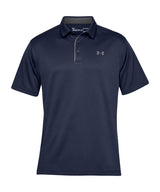 A black Under Armour tech polo shirt with a zipper at the neck.