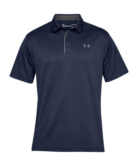 A black Under Armour tech polo shirt with a zipper at the neck.