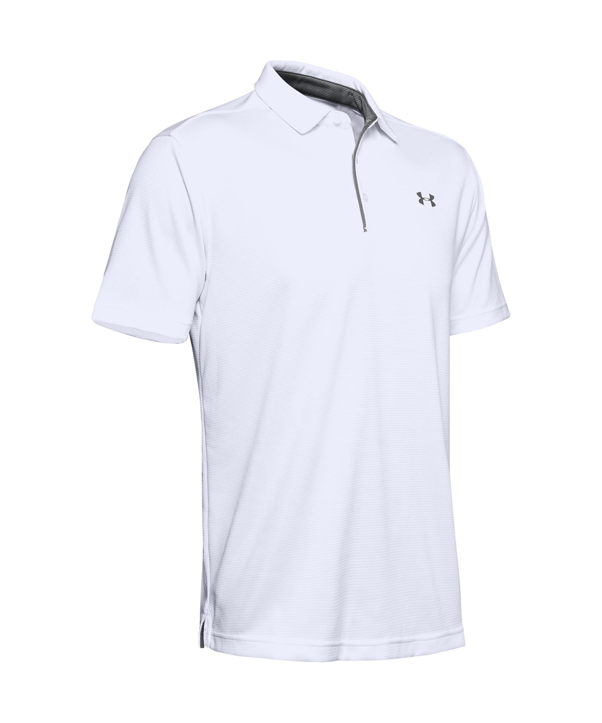 A white Under Armour tech polo shirt with a zipper at the neck.