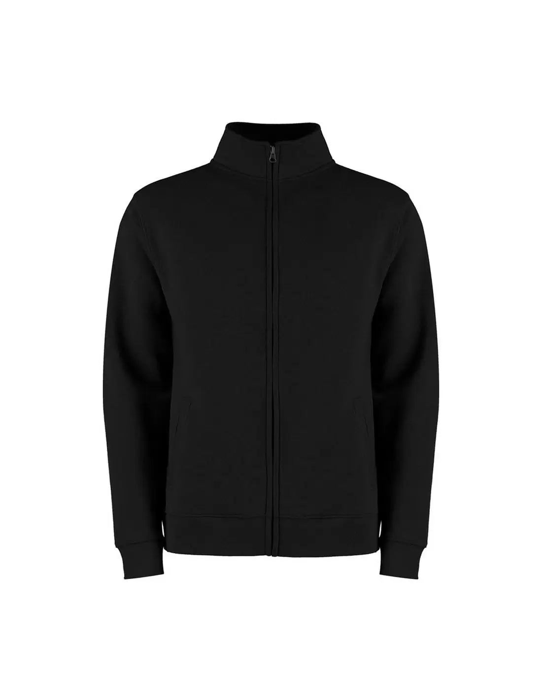 A black zip-up jacket with a stand-up collar, shown flat against a solid white background.
