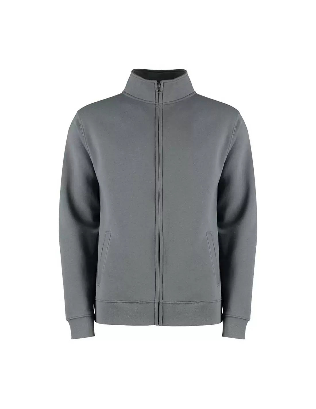 A dark gray zip-up jacket with a stand-up collar, shown on a plain white background.