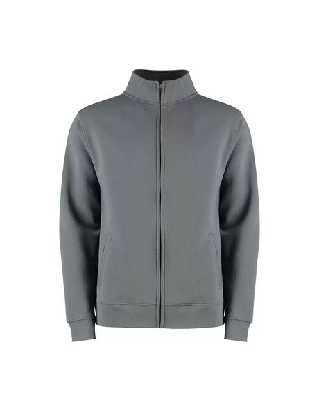 A dark gray zip-up jacket with a stand-up collar, shown on a plain white background.